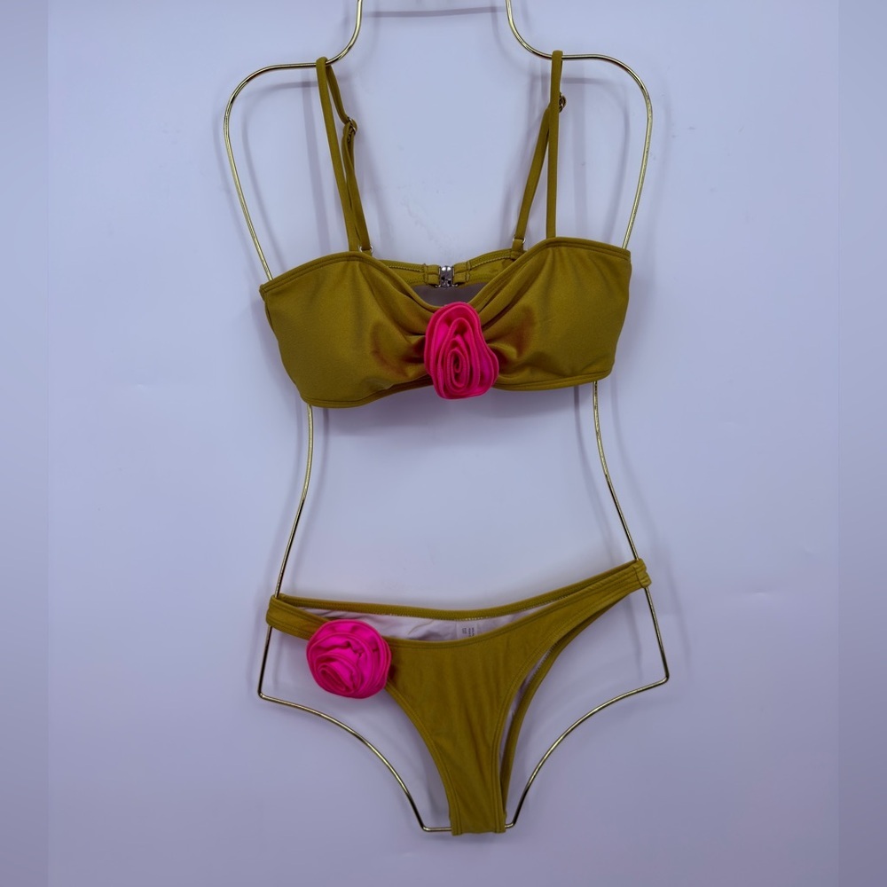 Mustard Yellow Bikini Set with Pink Rosette Detail Size XS